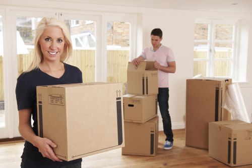 Organized storage space with labeled boxes and clean shelving